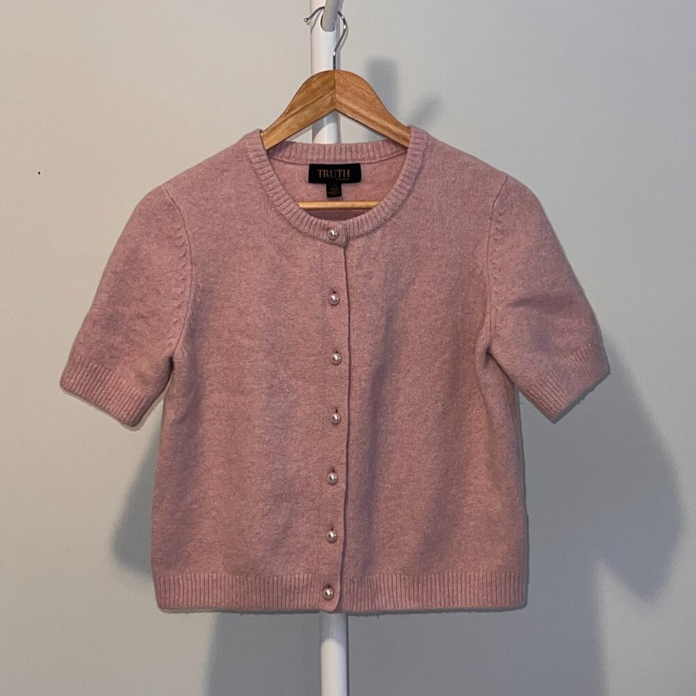 Pink Pearl Button Cropped Cardigan Sweater – Short Sleeve